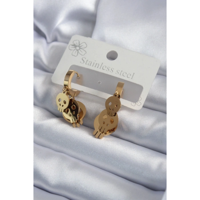 Nevamel® 316L Çelik Gold Renk Sallantı Kuru Kafa Model Kadın Küpe 5886