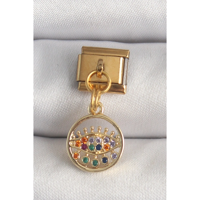 Nevamel® 316L Çelik Gold Renk Sallantı Renkli Zirkon Taşlı Göz Model Nomination Charm 5886