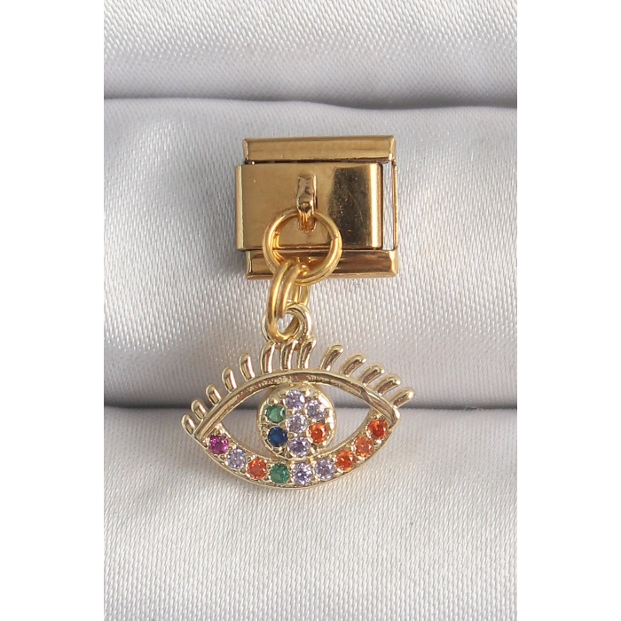 Nevamel® 316L Çelik Gold Renk Sallantı Renkli Zirkon Taşlı Göz Model Nomination Charm 5886