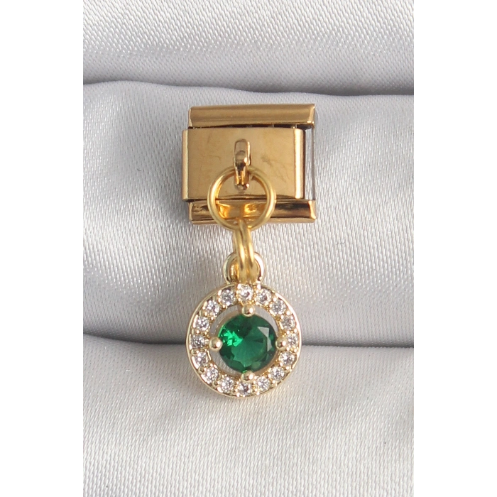 Nevamel® 316L Çelik Gold Renk Sallantı Yeşil Zirkon Taşlı Nomination Charm 5886