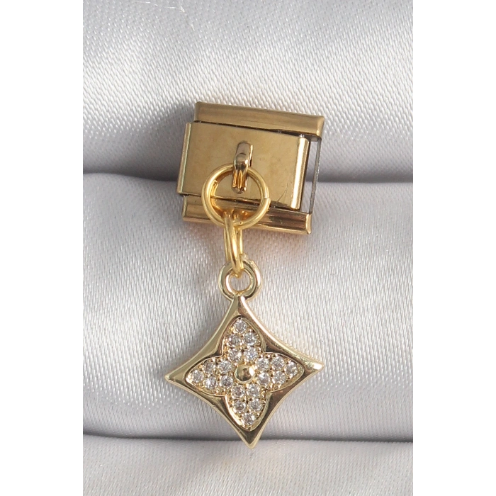 Nevamel® 316L Çelik Gold Renk Sallantı Zirkon Taşlı Çiçek İşlemeli Nomination Charm 5886