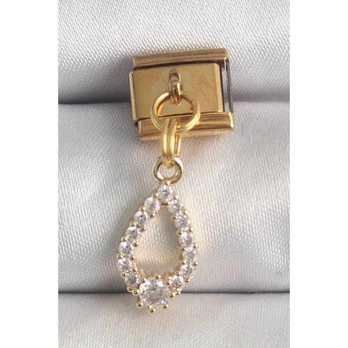 Nevamel® 316L Çelik Gold Renk Sallantı Zirkon Taşlı Damla Model Nomination Charm 5886