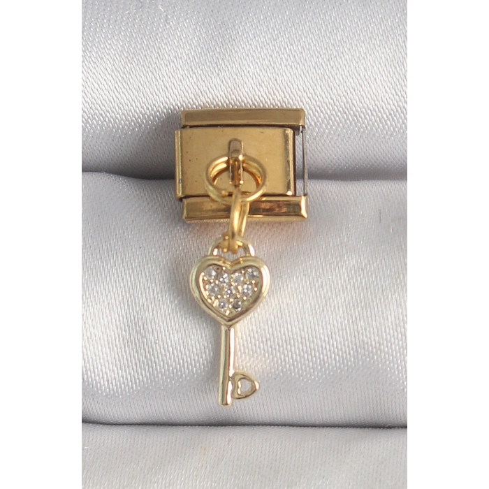 Nevamel® 316L Çelik Gold Renk Sallantı Zirkon Taşlı Kalpli Anahtar Model Nomination Charm 5886