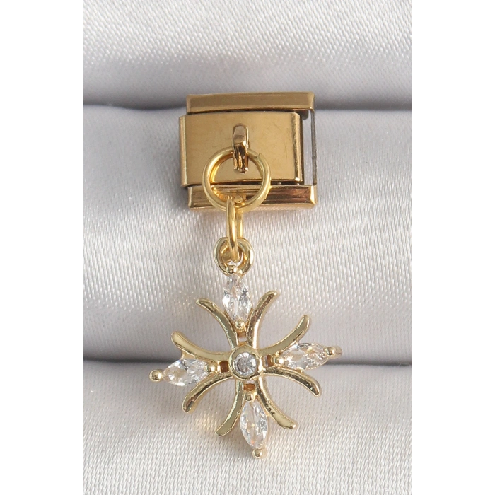 Nevamel® 316L Çelik Gold Renk Sallantı Zirkon Taşlı Kar Tanesi Model Nomination Charm 5886