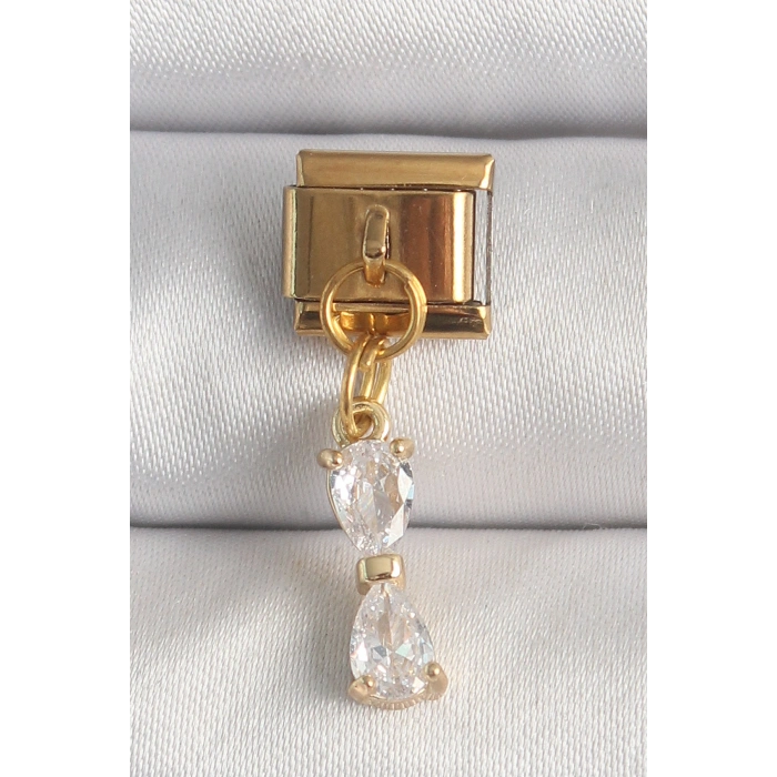 Nevamel® 316L Çelik Gold Renk Sallantı Zirkon Taşlı Kurdele Model Nomination Charm 5886