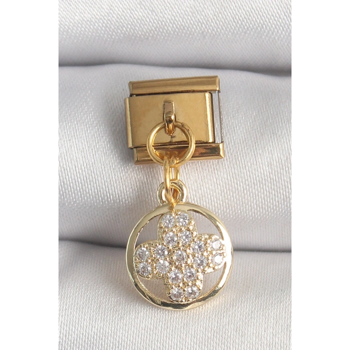 Nevamel® 316L Çelik Gold Renk Sallantı Zirkon Taşlı Yonca Model Nomination Charm 5886