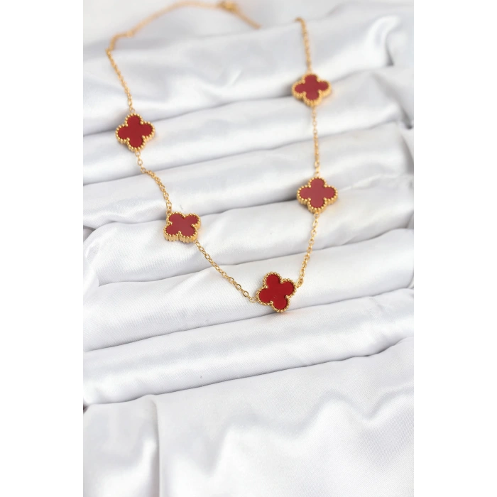 Nevamel® 316L Çelik Gold Renk Zincir Bordo Yonca Kadın Kolye 5886