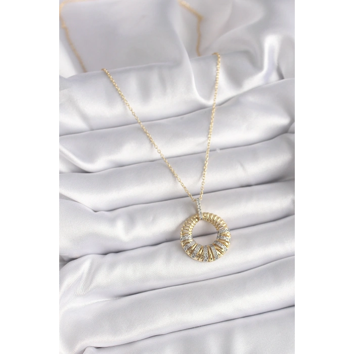 Nevamel® 316L Çelik Gold Renk Zincir Gümüş Zirkon Taşlı Daire Model Kadın Kolye 5886