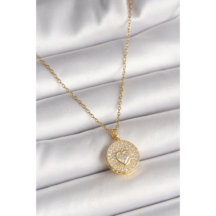 Nevamel® 316L Çelik Gold Renk Zincir Madalyon Zirkon Taşlı Kalp Model Kadın Kolye 5886