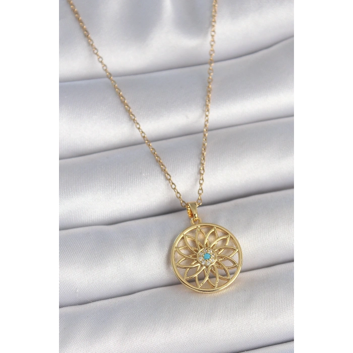 Nevamel® 316L Çelik Gold Renk Zincr Mavi Taşlı Lotus Model Kadın Kolye 5886