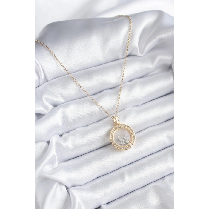 Nevamel® 316L Çelik Gold Renk Zirkon Taş Detay Ay Yıldız Fanus Model Kadın Kolye 5886