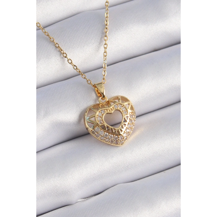 Nevamel® 316L Çelik Gold Renk Zirkon Taşlı Kalp Model Vintage Kadın Kolye 5886