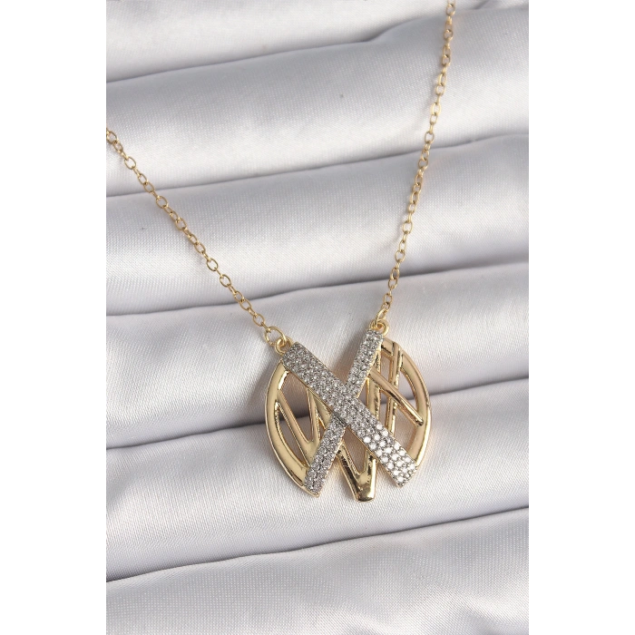 Nevamel® 316L Çelik Gold Renk Zirkon Taşlı Vintage Model Kadın Kolye 5886