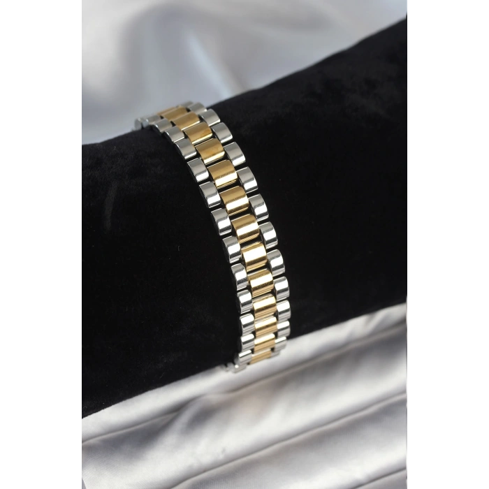 Nevamel® 316L Çelik Gold ve Gümüş Renk 12 mm Kalınlık Erkek Bileklik 5886
