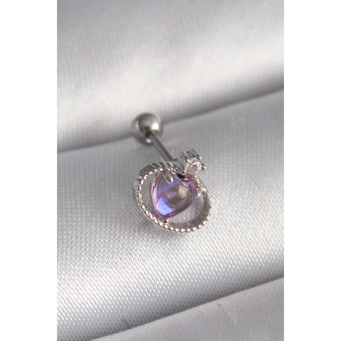 Nevamel® 316L Çelik Gümüş Renk Mor Mineli Kalp Zirkon Taş Detay Tragus Piercing 5886