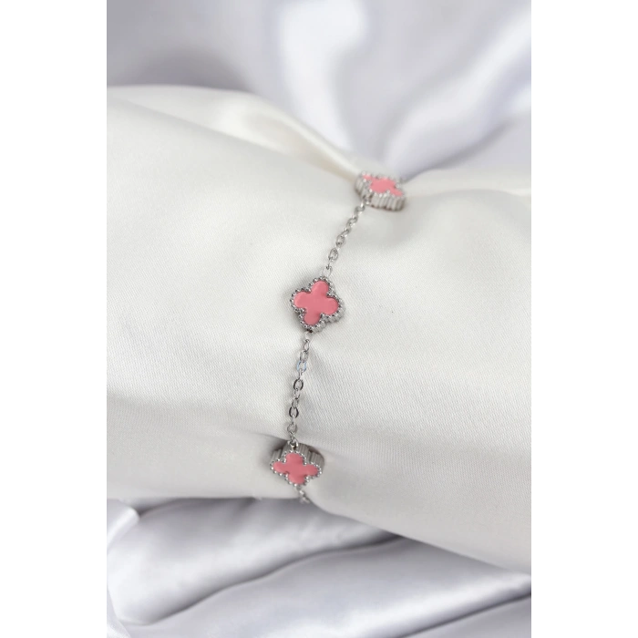 Nevamel® 316L Çelik Gümüş Renk Pembe Baby Boy Yonca Kadın Bileklik 5886