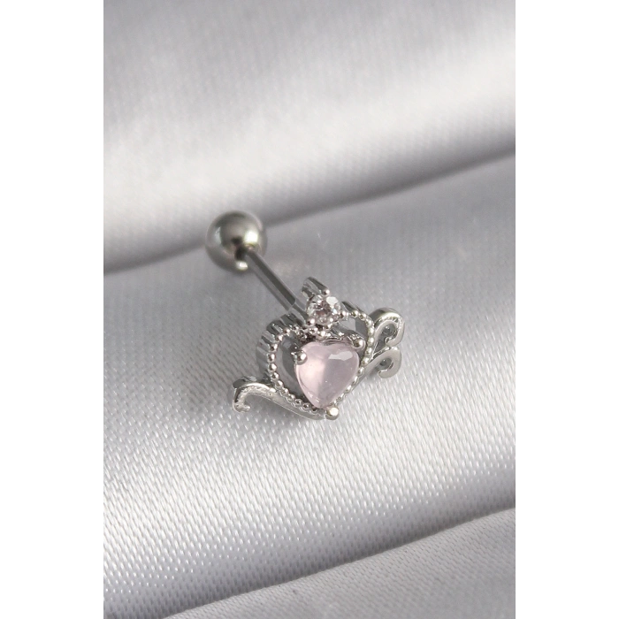 Nevamel® 316L Çelik Gümüş Renk Pembe Mineli Kalp Zirkon Taş Detay Tragus Piercing 5886