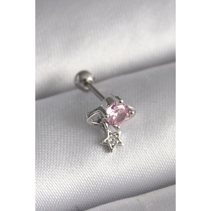 Nevamel® 316L Çelik Gümüş Renk Pembe Zirkon Taşlı Sallantı Yıldız Detay Tragus Piercing 5886
