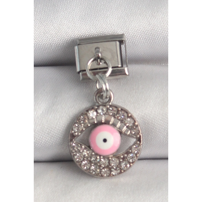 Nevamel® 316L Çelik Gümüş Renk Sallantı Zirkon Taşlı Pembe Göz Model Nomination Charm 5886