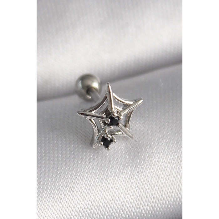 Nevamel® 316L Çelik Gümüş Renk Siyah Zirkon Taş Detay Örümcek Ağ Model Tragus Piercing 5886