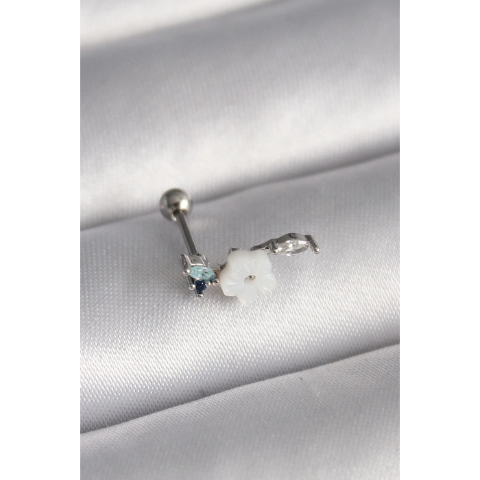 Nevamel® 316L Çelik Gümüş Renk Zirkon Taş Detay Beyaz Çiçek Model Tragus Piercing 5886