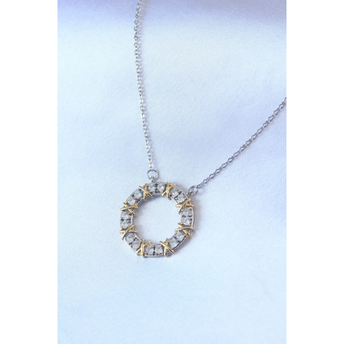 Nevamel® 316L Çelik Gümüş Renk Zirkon Taşlı Gold Detay Xoxo Kadın Kolye 5886