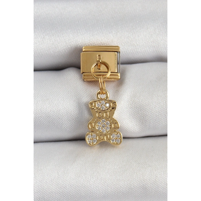 Nevamel® 316L Çelik Sallantılı Zirkon Taşlı Ayıcık Model Gold Renk Nomination Charm 5886