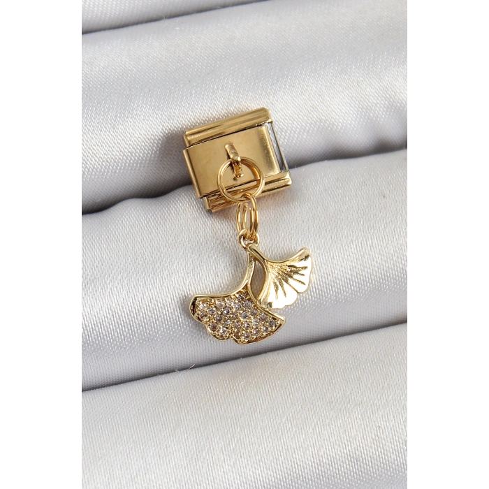 Nevamel® 316L Çelik Sallantılı Zirkon Taşlı Balık Kuyruğu Model Gold Renk Nomination Charm 5886