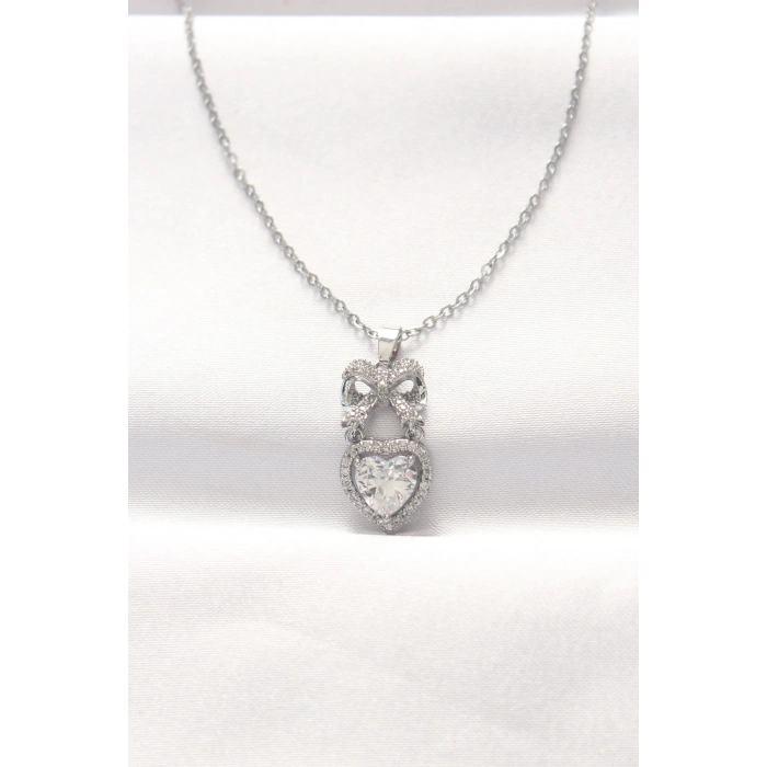 Nevamel® 316L Çelik Silver Renk Zirkon Taşlı Kalpli Fiyonk Kolye 5886