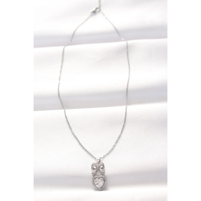 Nevamel® 316L Çelik Silver Renk Zirkon Taşlı Kalpli Fiyonk Kolye 5886