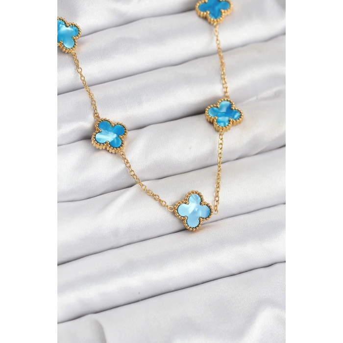 Nevamel® 316L Çelik Zincir Gold Buz Mavisi Renk Yonca Kolye 5886