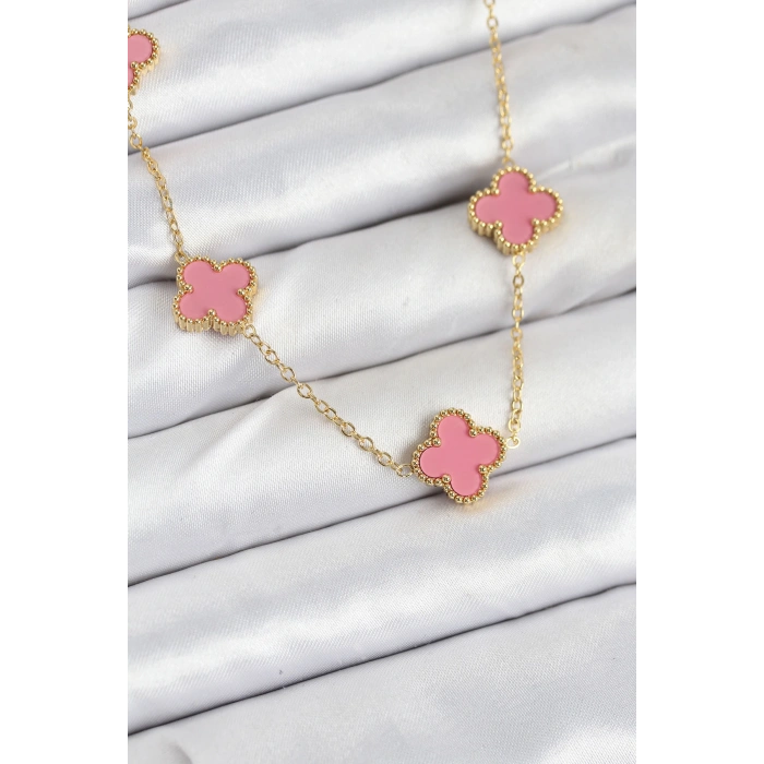 Nevamel® 316L Çelik Zincir Gold Pembe Renk Yonca Kadın Kolye 5886