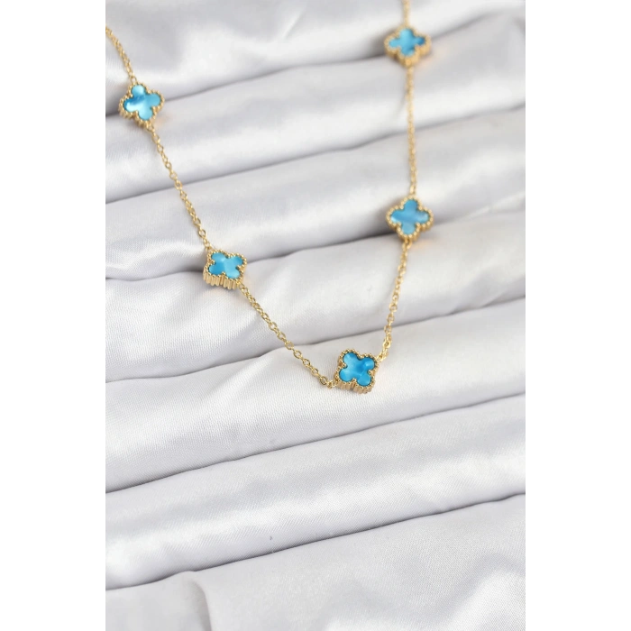 Nevamel® 316L Çelik Zincir Gold Renk Buz Mavisi Baby Boy Yonca Kadın Kolye 5886