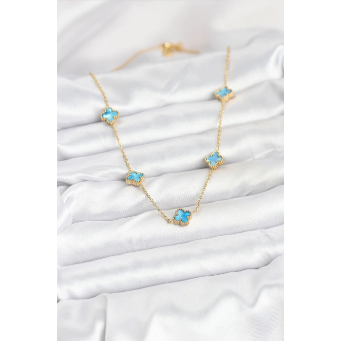 Nevamel® 316L Çelik Zincir Gold Renk Buz Mavisi Baby Boy Yonca Kadın Kolye 5886
