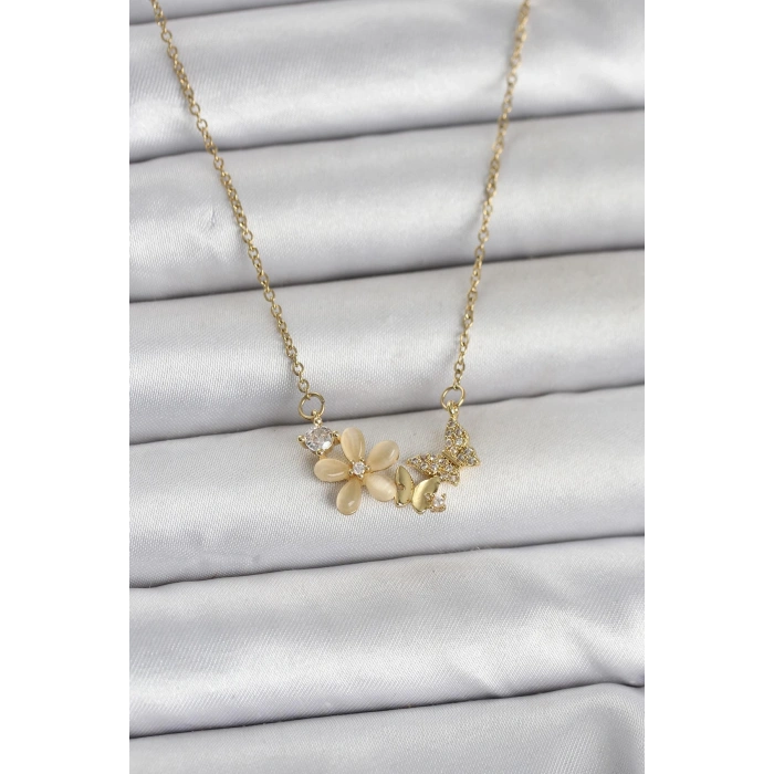 Nevamel® 316L Çelik Zincir Gold Renk Çiçek ve Kelebek Model Kadın Kolye 5886