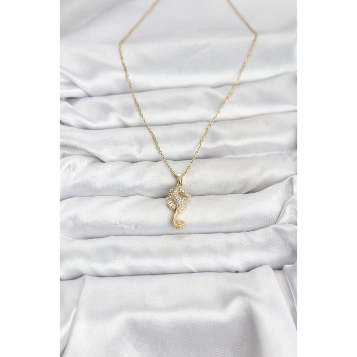 Nevamel® 316L Çelik Zincir Gold Renk Deniz Atı Model Zirkon Taşlı Kadın Kolye 5886