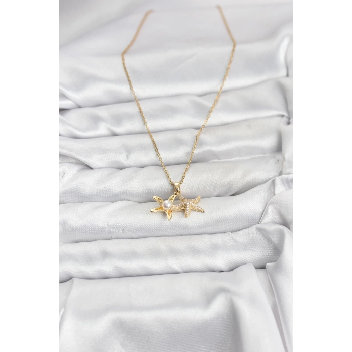 Nevamel® 316L Çelik Zincir Gold Renk Deniz Yıldızı Model Zirkon Taşlı Kadın Kolye 5886