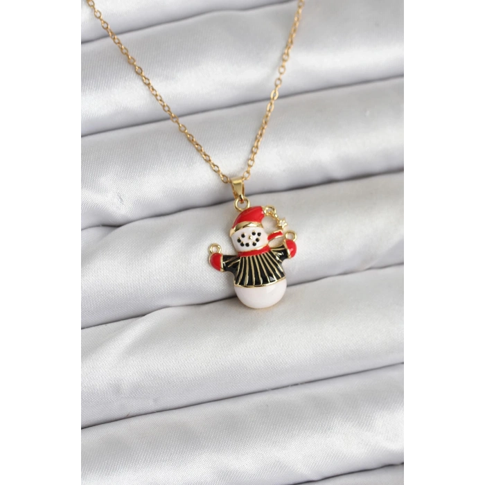 Nevamel® 316L Çelik Zincir Gold Renk Kardan Adam Figürlü Yılbaşı Temalı Kadın Kolye 5886