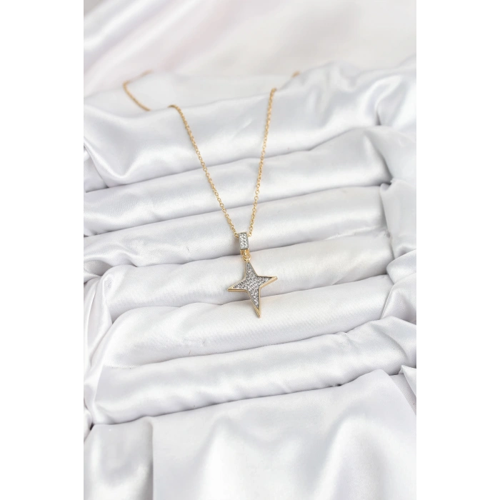 Nevamel® 316L Çelik Zincir Gold Renk Kutup Yıldızı Model Zirkon Taşlı Kadın Kolye 5886
