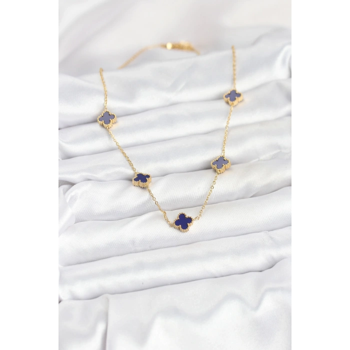 Nevamel® 316L Çelik Zincir Gold Renk Lacivert Baby Boy Yonca Kadın Kolye 5886
