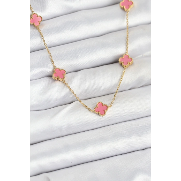 Nevamel® 316L Çelik Zincir Gold Renk Pembe Baby Boy Yonca Kadın Kolye 5886