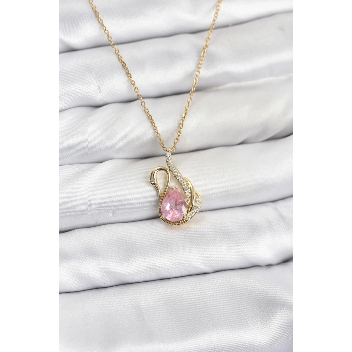 Nevamel® 316L Çelik Zincir Gold Renk Pembe Kuğu Model Zirkon Taşlı Kadın Kolye 5886