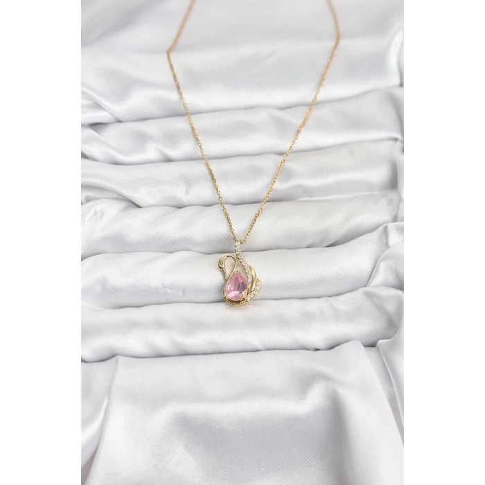 Nevamel® 316L Çelik Zincir Gold Renk Pembe Kuğu Model Zirkon Taşlı Kadın Kolye 5886