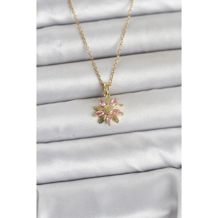 Nevamel® 316L Çelik Zincir Gold Renk Pembe Papatya Model Kadın Kolye 5886