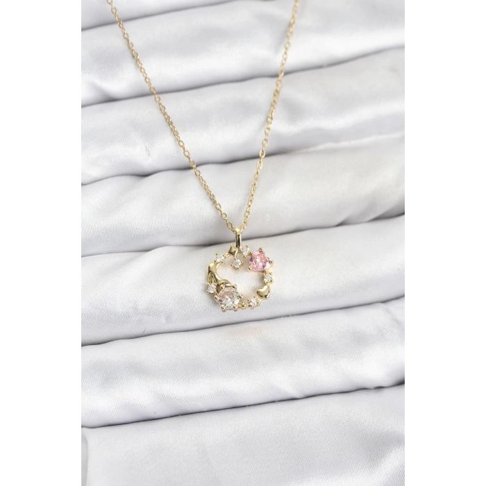 Nevamel® 316L Çelik Zincir Gold Renk Pembe Taş Detaylı Çelenk Model Kadın Kolye 5886