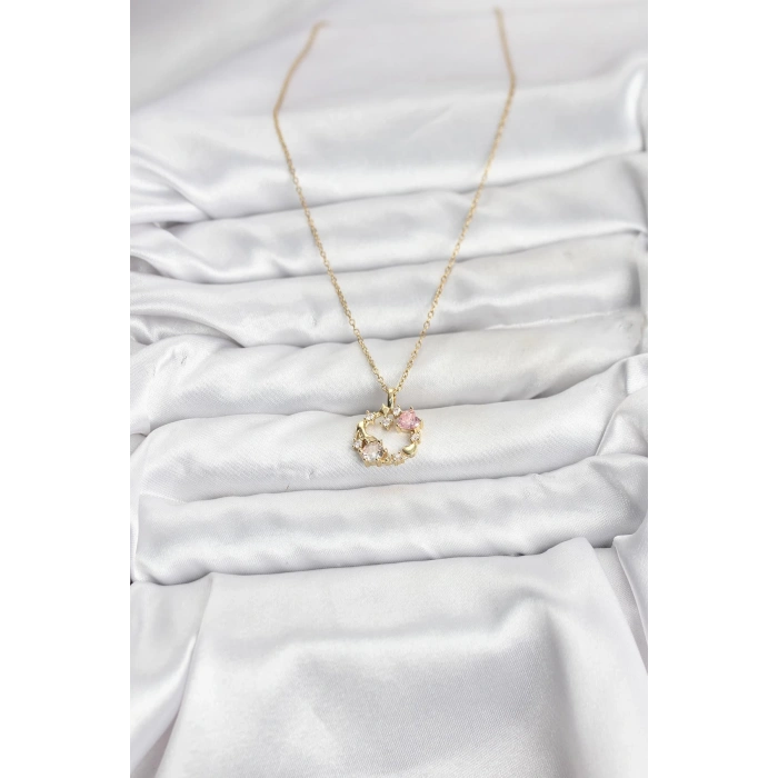 Nevamel® 316L Çelik Zincir Gold Renk Pembe Taş Detaylı Çelenk Model Kadın Kolye 5886