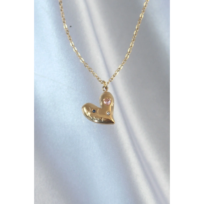 Nevamel® 316L Çelik Zincir Gold Renk Renkli Zirkon Taşlı Kalp Kolye 5886