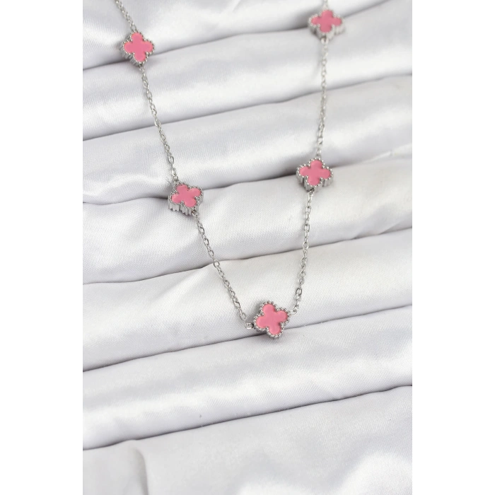 Nevamel® 316L Çelik Zincir Gümüş Renk Pembe Baby Boy Yonca Kadın Kolye 5886