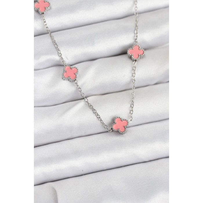 Nevamel® 316L Çelik Zincir Gümüş Renk Pembe Baby Boy Yonca Kadın Kolye 5886