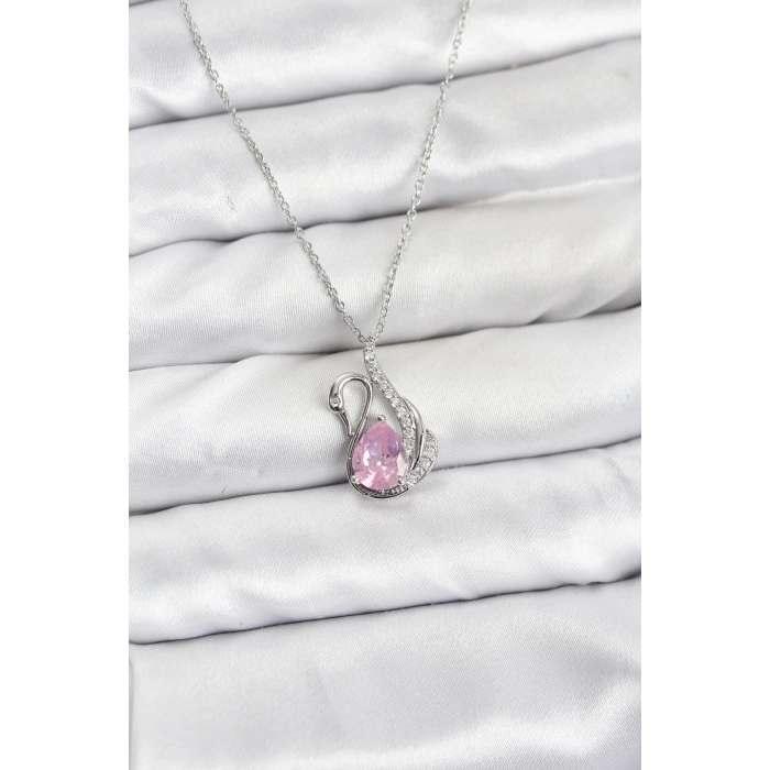 Nevamel® 316L Çelik Zincir Gümüş Renk Pembe Kuğu Model Zirkon Taşlı Kadın Kolye 5886